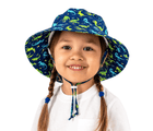 Little Girl Wearing Ten Little Aqua Dry Bucket Hat Dino - Available at www.tenlittle.com