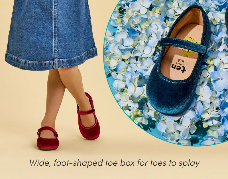 Split view close up of wide foot-shaped toe box and child wearing Ten Little Velvet Ballet Flats - Burgundy Red and Sapphire Blue. Available from www.tenlittle.com
