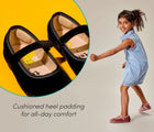 Split view close up of cushioned heel padding and child wearing Ten Little Velvet Ballet Flats - Classic Black and Dusty Rose. Available from www.tenlittle.com