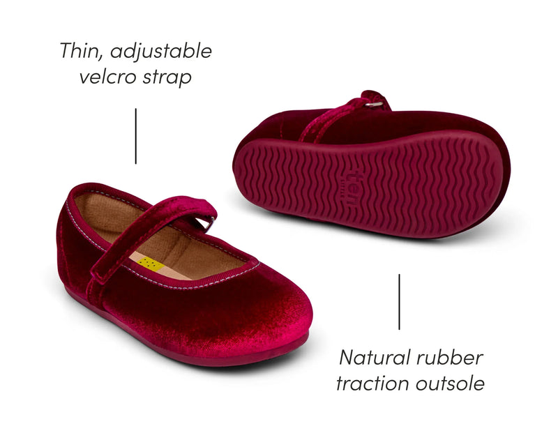 Thin adjustable velcro strap and natural rubber traction outsole of Ten Little Velvet Ballet Flats - Burgundy Red. Available from www.tenlittle.com
