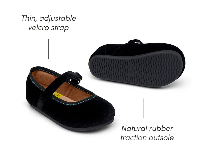 Thin adjustable velcro strap and natural rubber traction outsole of Ten Little Velvet Ballet Flats - Classic Black. Available from www.tenlittle.com