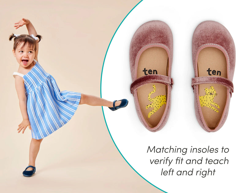 Split view close up of matching insoles and child dancing in Ten Little Velvet Ballet Flats - Sapphire Blue and Dusty Rose. Available from www.tenlittle.com