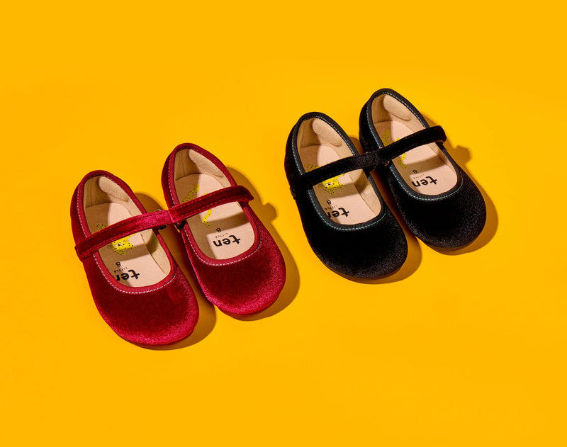 Side by side of Ten Little Velvet Ballet Flats - Burgundy Red and Classic Black. Available at www.tenlittle.com