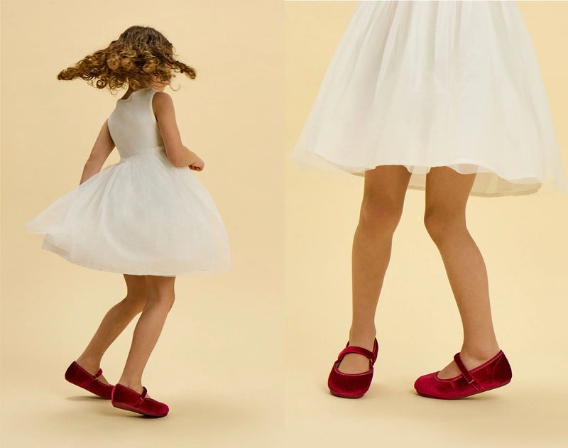Split view of child dancing wearing Ten Little Velvet Ballet Flats - Burgundy Red. Available at www.tenlittle.com