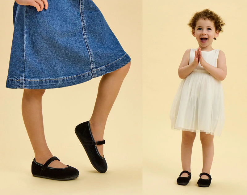 Split view of children wearing Ten Little Velvet Ballet Flats - Classic Black. Available from www.tenlittle.com