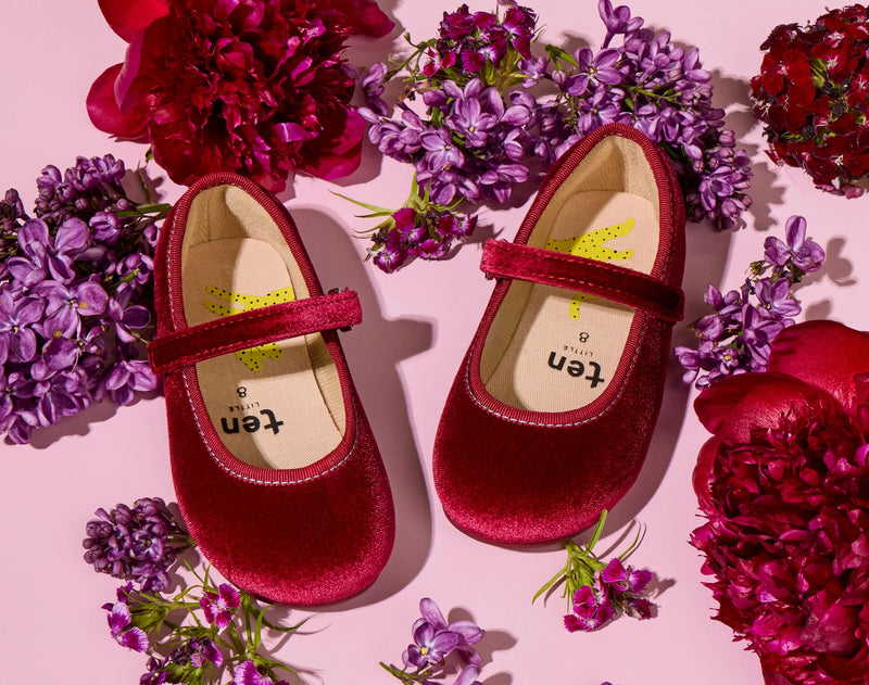 Top view of Ten Little Velvet Ballet Flats - Burgundy Red. Available at www.tenlittle.com