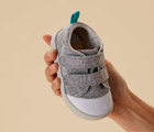 GIF opening strap and tongue of Ten Little First Walkers - Heather Gray. Available at www.tenlittle.com