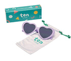 Top view, carrying pouch, and packaging of Ten Little Roshambo Heart Sunglasses - Lilac. Available at www.tenlittle.com