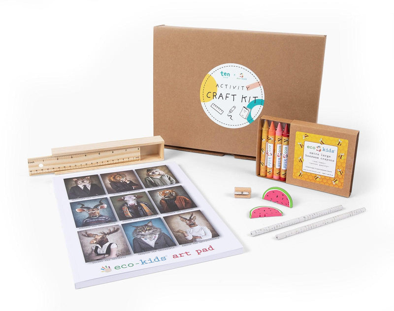 Eco-kids Activity Craft Kit -Includes: Art pad, 2 Pencils, 2 Erasers, 1 Sharpener, Box of crayons and a pencil case ruler. Available at www.tenlittle.com
