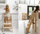 Split view of children using the Piccalio Foldable Kitchen Tower to reach kitchen counter. Available from www.tenlittle.com