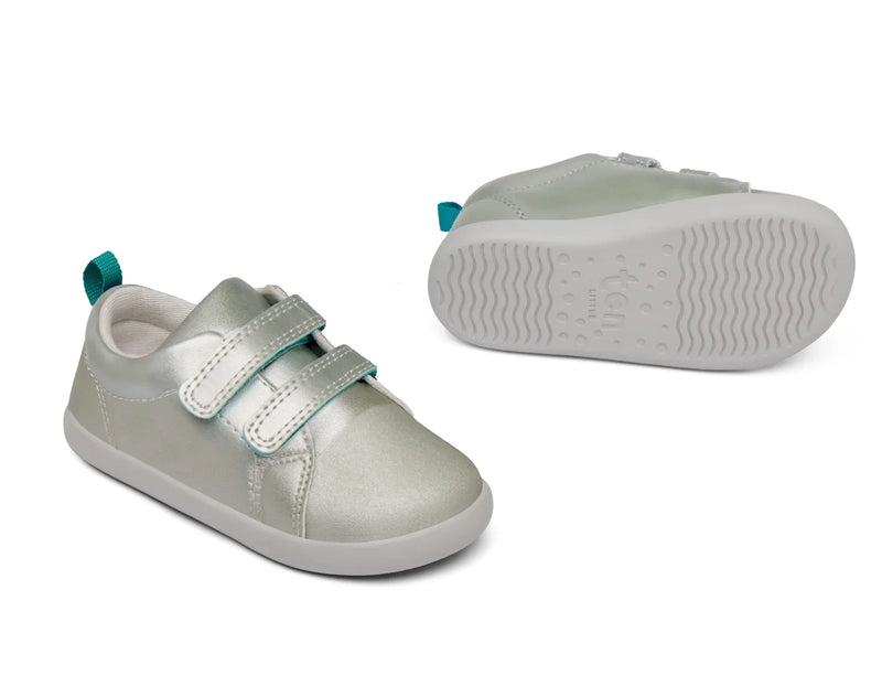 Front and bottom of shoe view of Ten Little Everyday Original - Moondust Silver. Available at www.tenlittle.com