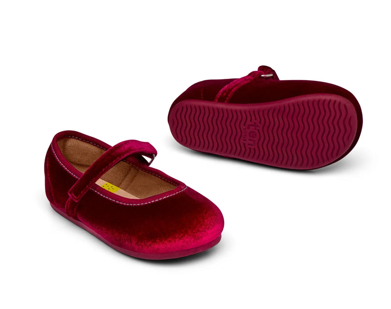 Top and outsole view of Ten Little Velvet Ballet Flats - Burgundy Red. Available from www.tenlittle.com
