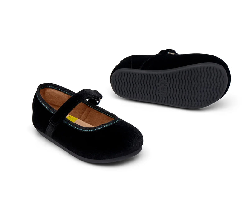 Top and outsole view of Ten Little Velvet Ballet Flats - Classic Black. Available from www.tenlittle.com