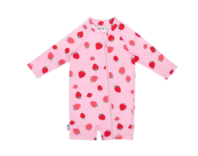 Jan and Jul Long Sleeve UV Sun Suit in Strawberry. Available from www.tenlittle.com