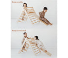 Children playing on the Piccalio Climber Pikler Triangle Set where included ramp is used as a slide and as a rockwall. Available from www.tenlittle.com