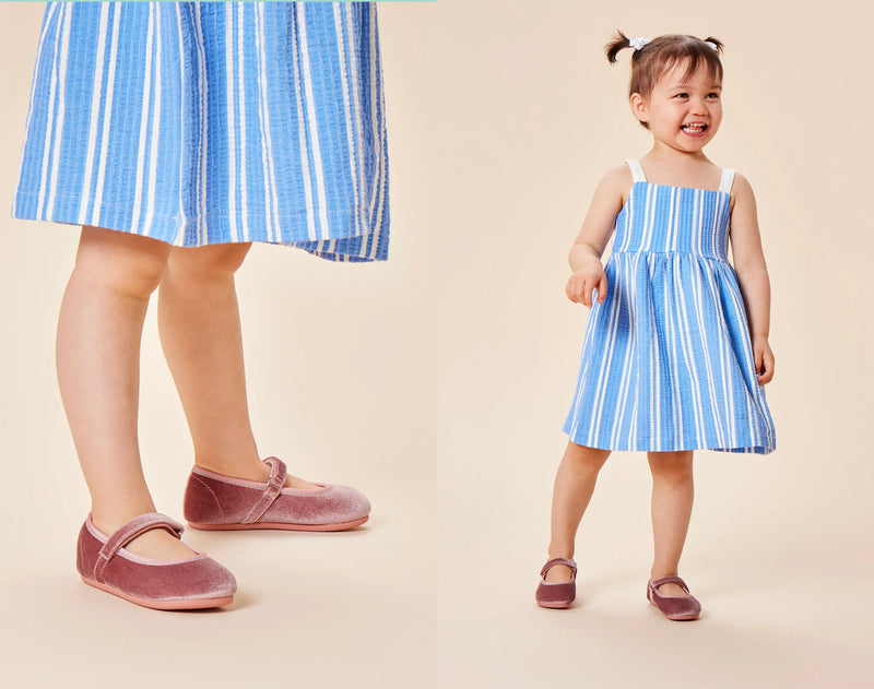 Split view of child wearing Ten Little Velvet Ballet Flats - Dusty Rose. Available from www.tenlittle.com