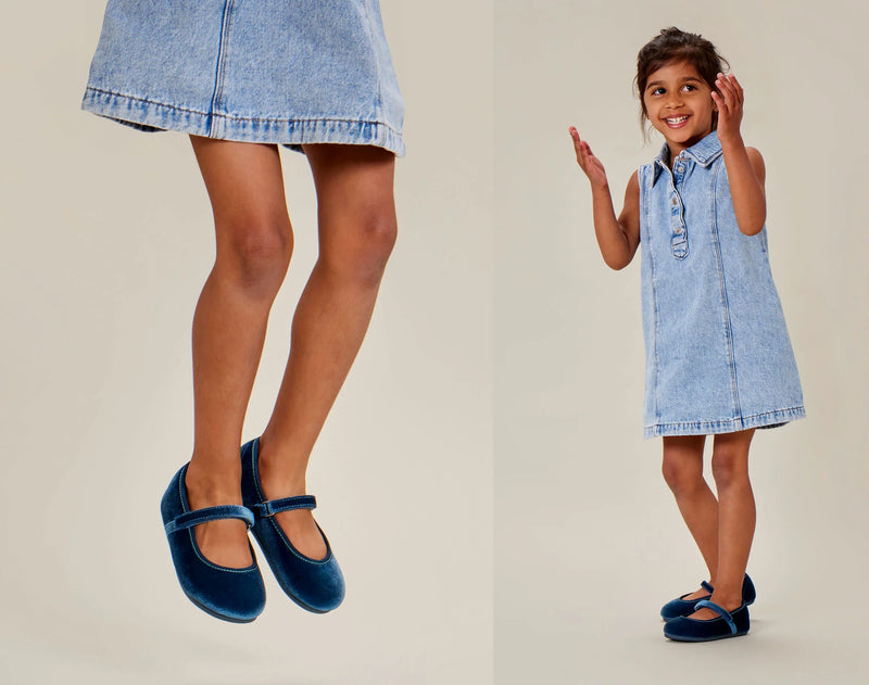 Split view of child jumping wearing Ten Little Velvet Ballet Flats - Sapphire Blue. Available from www.tenlittle.com