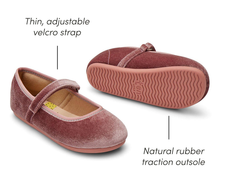Thin adjustable velcro strap and natural rubber traction outsole of Ten Little Velvet Ballet Flats - Dusty Rose. Available from www.tenlittle.com