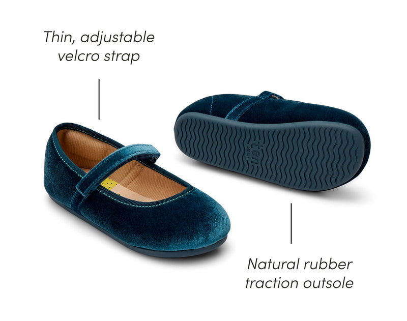 Thin adjustable velcro strap and natural rubber traction outsole of Ten Little Velvet Ballet Flats - Sapphire Blue. Available from www.tenlittle.com