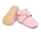 Front and bottom view of Ten Little Everyday Baby Booties - Petal Pink. Available at www.tenlittle.com