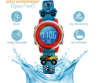 Preschool Collection Digital Light Up Watch - Monster Truck showing waterproof features. Available from www.tenlittle.com