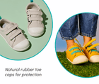 View of Ten Little Eco Canvas Sneakers - Mellow Yellow and Gray Beige with natural rubber toe caps for added protection. Available at www.tenlittle.com