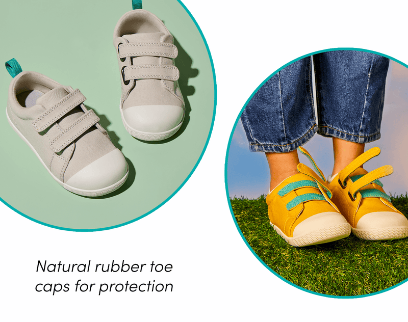 View of Ten Little Eco Canvas Sneakers - Mellow Yellow and Gray Beige with natural rubber toe caps for added protection. Available at www.tenlittle.com