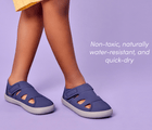 Side and front view and features of Ten Little Everyday Sandals 2 - Slate Blue. Available at www.tenlittle.com