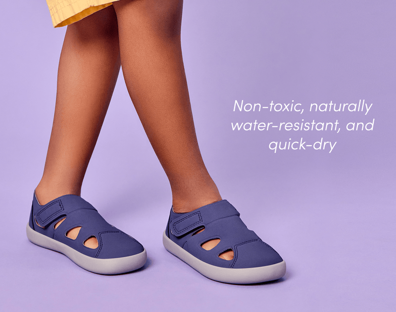 Side and front view and features of Ten Little Everyday Sandals 2 - Slate Blue. Available at www.tenlittle.com