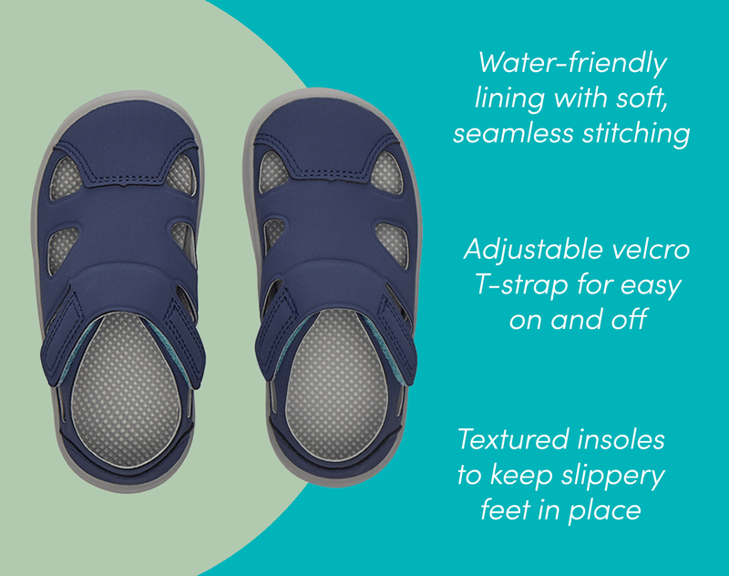 Top view and features of Ten Little Everyday Sandals 2 - Slate Blue. Available at www.tenlittle.com