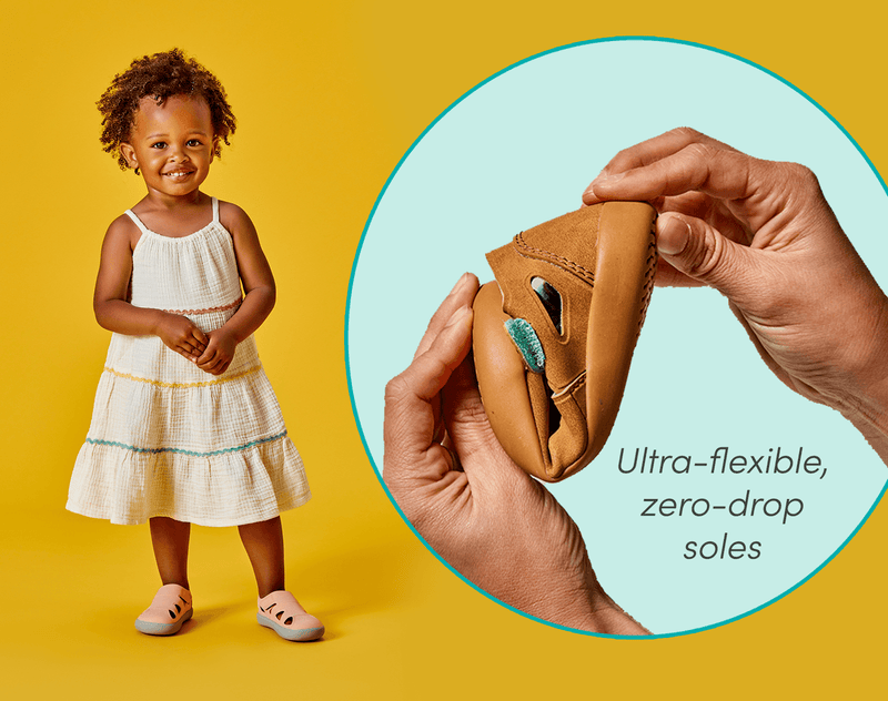 Split view of flexed shoe and girl wearing Ten Little Everyday Sandals 2 - Sandy Brown and Soft Pink. Available at www.tenlittle.com