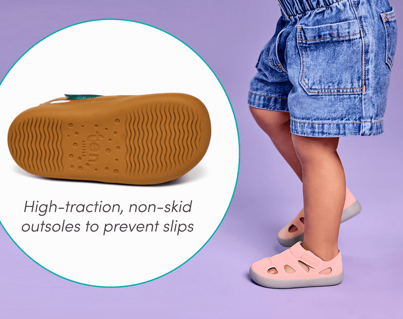 Split view of high-traction, non-skid outsole and child wearing Ten Little Everyday Sandals 2 - Soft Pink. Available at www.tenlittle.com