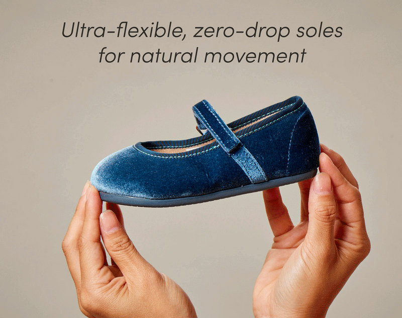 GIF flexing Ten Little Velvet Ballet Flats - Sapphire Blue. Available from www.tenlittle.com