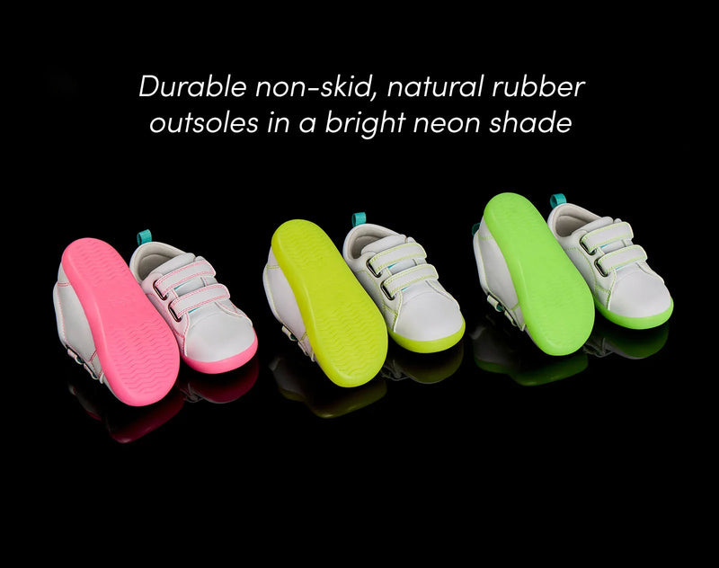 Top and neon outsole view of Ten Little Everyday Original - Neon Glow - Assorted Colors. Available at www.tenlittle.com