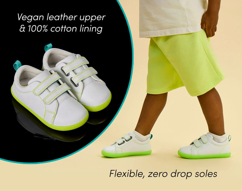 Split view and features of Ten Little Everyday Original - Neon Glow - Neon Green. Available at www.tenlittle.com