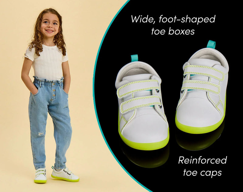 Split view of child and close up features of Ten Little Everyday Original - Neon Glow - Neon Green. Available at www.tenlittle.com