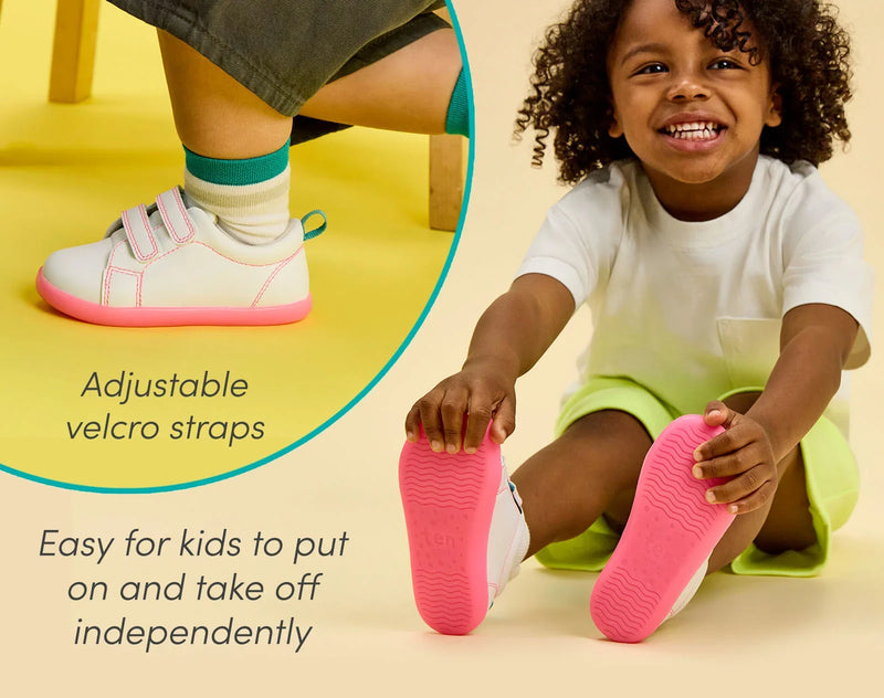 Split view of child and close up features of Ten Little Everyday Original - Neon Glow - Neon Pink. Available at www.tenlittle.com