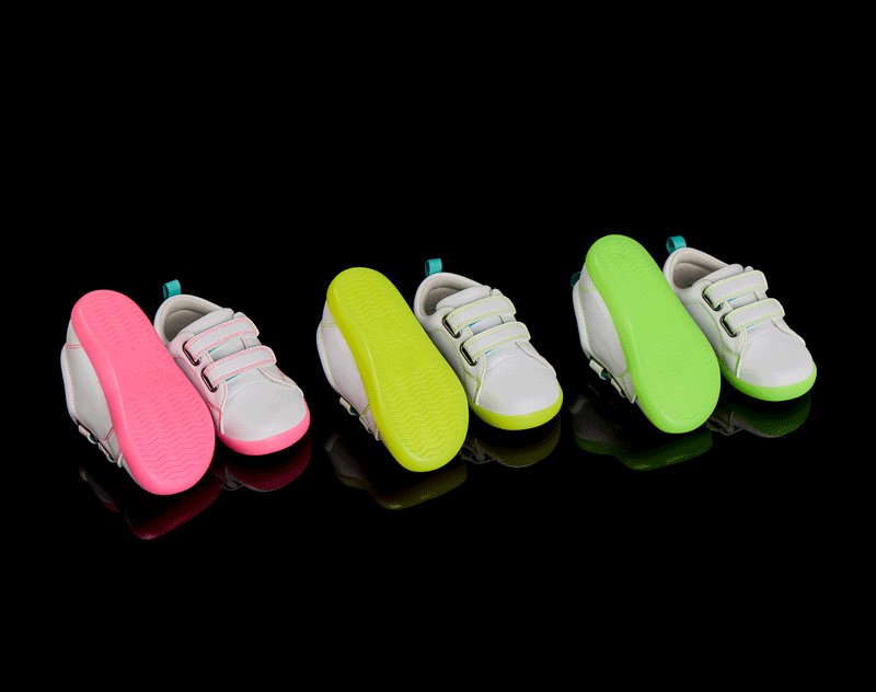 GIF of top and neon outsole view of Ten Little Everyday Original - Neon Glow - Assorted Colors. Available at www.tenlittle.com