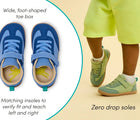 Split view and features of Ten Little Retro Suede Sneakers - Retro Blue and Retro Green. Available at www.tenlittle.com