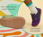 Split view of close-up outsole and flexibility of Ten Little Retro Suede Sneakers - Retro Green and Retro Purple. Available at www.tenlittle.com