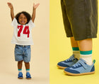 Split view of children wearing Ten Little Retro Suede Sneakers - Retro Blue. Available at www.tenlittle.com