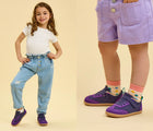 Split view of children wearing Ten Little Retro Suede Sneakers - Retro Purple. Available at www.tenlittle.com
