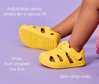 Side and bottom of shoe view and features of Ten Little Splash Sandals 2 - Daisy Yellow. Available at www.tenlittle.com