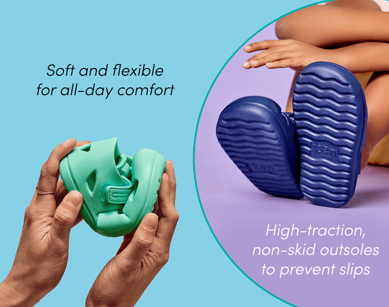 Split view and features of Ten Little Splash Sandals 2 - Aqua Mint and Nautical Navy. Available at www.tenlittle.com