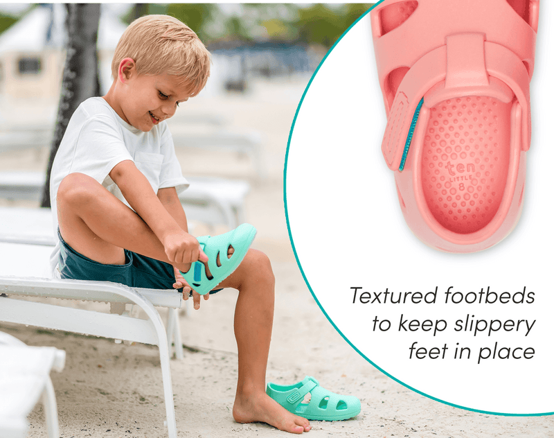 Split view and footbed of Ten Little Splash Sandals 2 - Aqua Mint and Pink Lemonade. Available at www.tenlittle.com