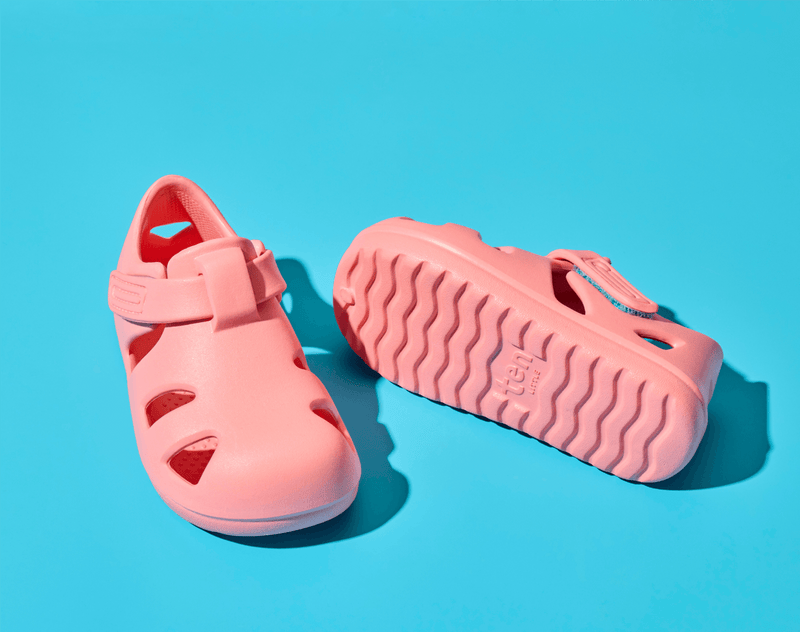 Top and bottom of shoe view of Ten Little Splash Sandals 2 - Pink Lemonade. Available at www.tenlittle.com