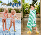Split view of children wearing Ten Little Splash Sandals 2 - Pink Lemonade and Daisy Yellow. Available at www.tenlittle.com