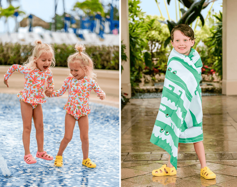 Split view of children wearing Ten Little Splash Sandals 2 - Pink Lemonade and Daisy Yellow. Available at www.tenlittle.com