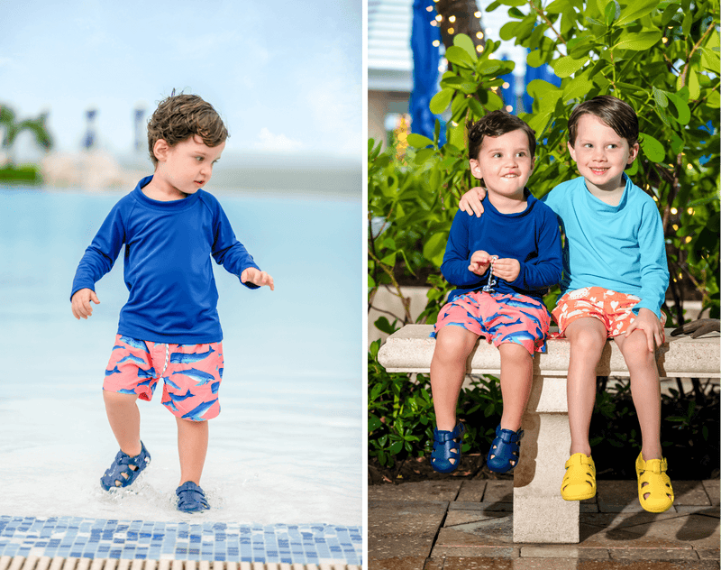 Split view of boys wearing Ten Little Splash Sandals 2 - Nautical Navy and Daisy Yellow. Available at www.tenlittle.com