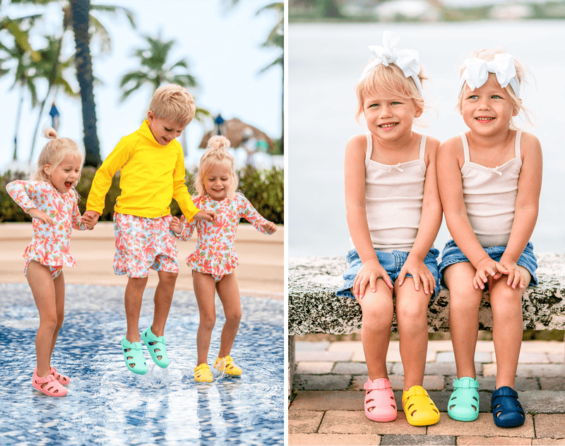 Split view of children wearing Ten Little Splash Sandals 2 - Assorted Colors. Available at www.tenlittle.com